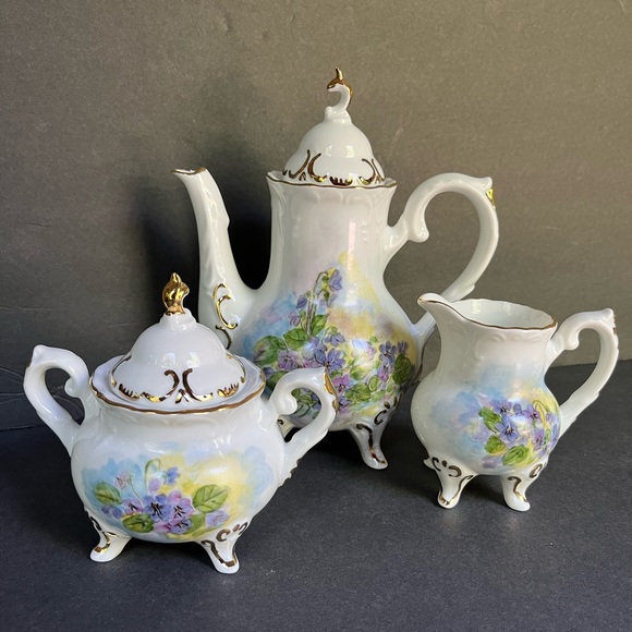 VTG Violet Tea Set Hand-painted Porcelain Teapot Creamer Sugar Bowl Victorian - Picture 8 of 16